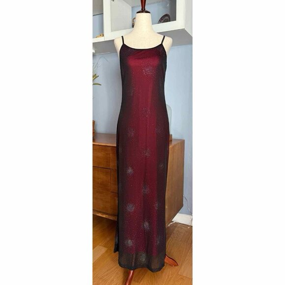 90’s Y2K Sparkly Black Mesh Overlay Red Maxi Dress Whimsigoth Fairy Grunge M/L - Picture 1 of 11